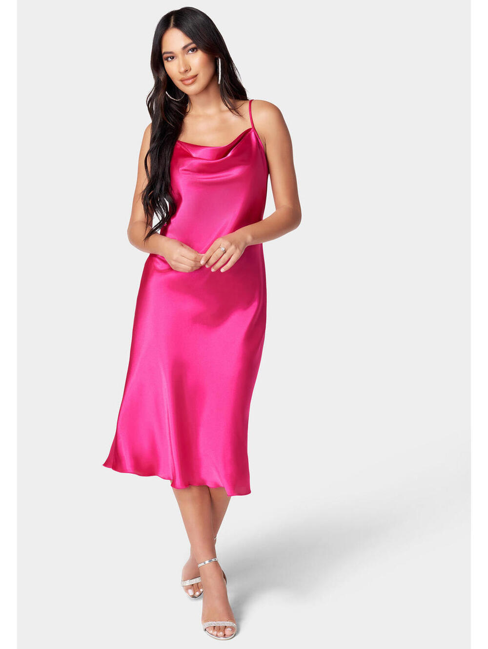 Bebe Women's Satin Slip Midi Dress with Cowl Neck Size XS